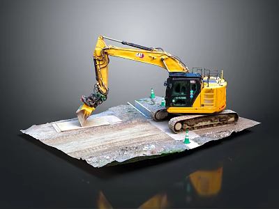 Yellow Crawler Excavator With Digging Bucket On Platform Surrounded By Green Cones 3d model