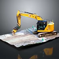Yellow Crawler Excavator With Digging Bucket On Platform Surrounded By Green Cones 3d model