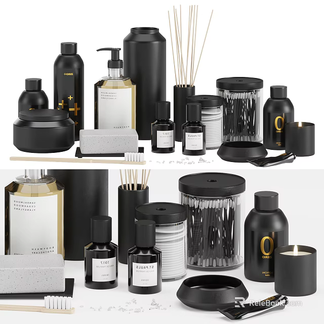Modern Minimalist Black Bathroom Accessories With Soap Dispensers Storage Jars And Aromatherapy Sticks 3d model 