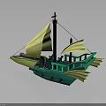 Green Hull Sailing Water Transport With Multiple Yellow Sails And Decorative Design