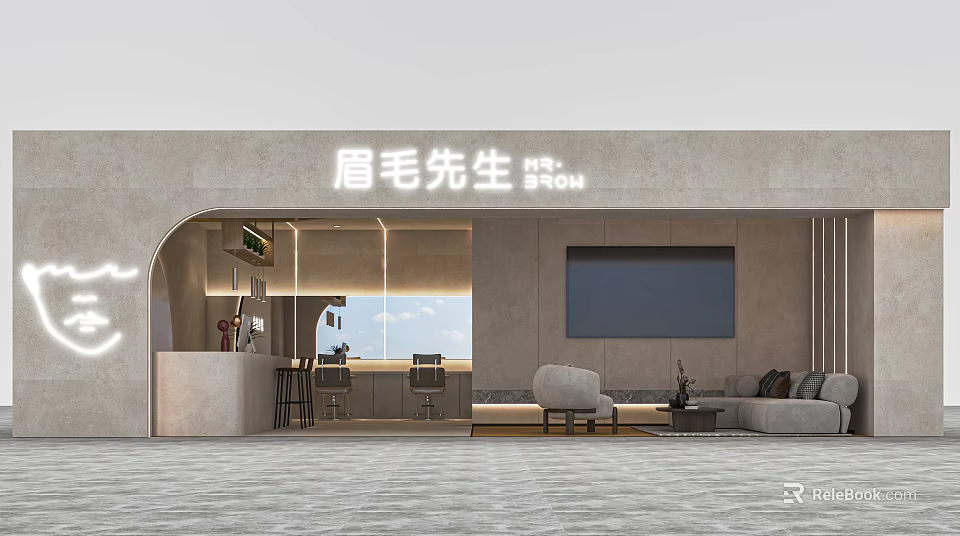 Eyebrow Beauty Salon Storefront with Illuminated Signboard Arched Design Gray Wall and Lounge Area 3d model 