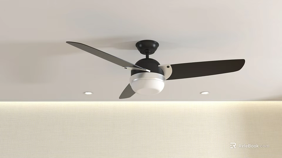 Modern Ceiling Light With Black Fan White Lamp And Small Spotlights On Light Textured Wall 3d model 