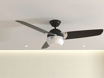 Modern Ceiling Light With Black Fan White Lamp And Small Spotlights On Light Textured Wall 3d model