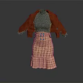 Fashionable Outfit Featuring Brown Leather Jacket Blue Turtleneck And Plaid Pleated Skirt With Black Buttons