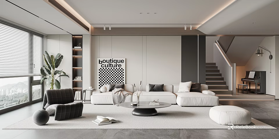 Modern Living Room Interior With White Sofa Black Chair Coffee Table Wall Art And Plant 3d model 