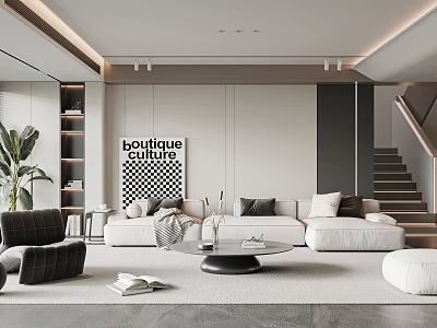 Modern Living Room Interior With White Sofa Black Chair Coffee Table Wall Art And Plant 3d model