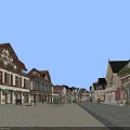 Charming Commercial Street With Red Roofs Wooden Frames Shops Outdoor Seating And Cobblestone Pavement