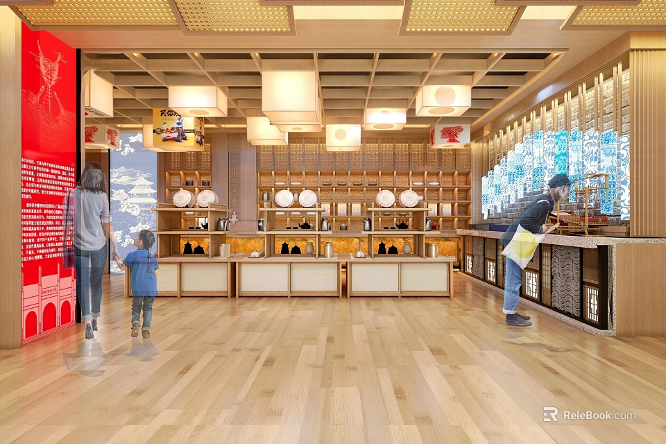 Traditional Retail Store Interior With Wooden Shelves Lanterns Displayed Goods And Family Shoppers 3d model 