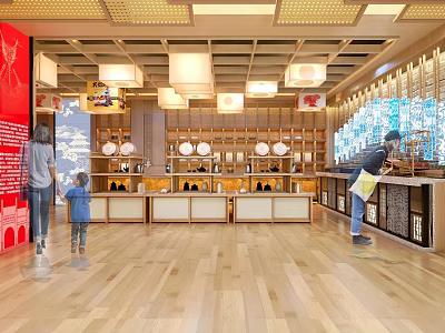 Traditional Retail Store Interior With Wooden Shelves Lanterns Displayed Goods And Family Shoppers 3d model