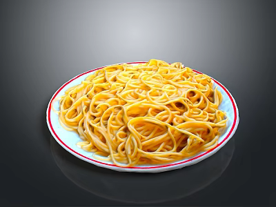 Yellow noodles on white plate with red rim against black background 3d model