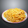 Yellow noodles on white plate with red rim against black background