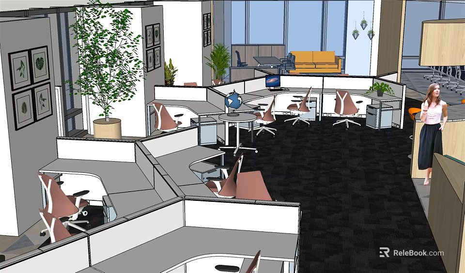 Modern Public Office Space With Cubicles Desks Chairs Green Plants And Sofa Area 3d model 