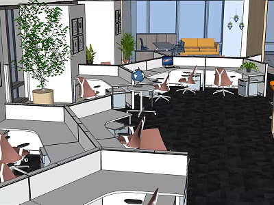 Modern Public Office Space With Cubicles Desks Chairs Green Plants And Sofa Area 3d model