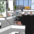 Modern Public Office Space With Cubicles Desks Chairs Green Plants And Sofa Area