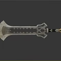 Shiny Metal Battle Axe With Intricate Patterns And Ornate Handle Design