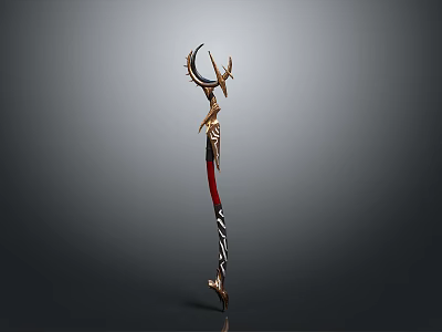 Ornate Golden Spear With Crescent Head Feather Accents And Red Striped Shaft 3d model