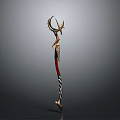 Ornate Golden Spear With Crescent Head Feather Accents And Red Striped Shaft