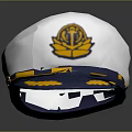 White And Blue Military Style Hat Featuring Yellow Emblem And Decorative Trim