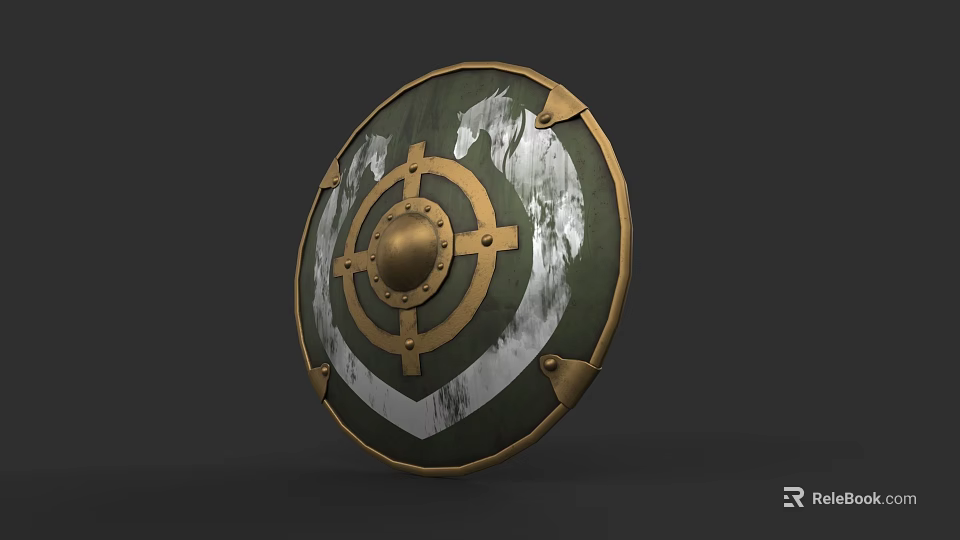 Ancient Shield With Green White Surface Gold Edges Cross Design And Central Metal 3d model 