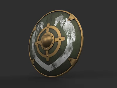 Ancient Shield With Green White Surface Gold Edges Cross Design And Central Metal 3d model