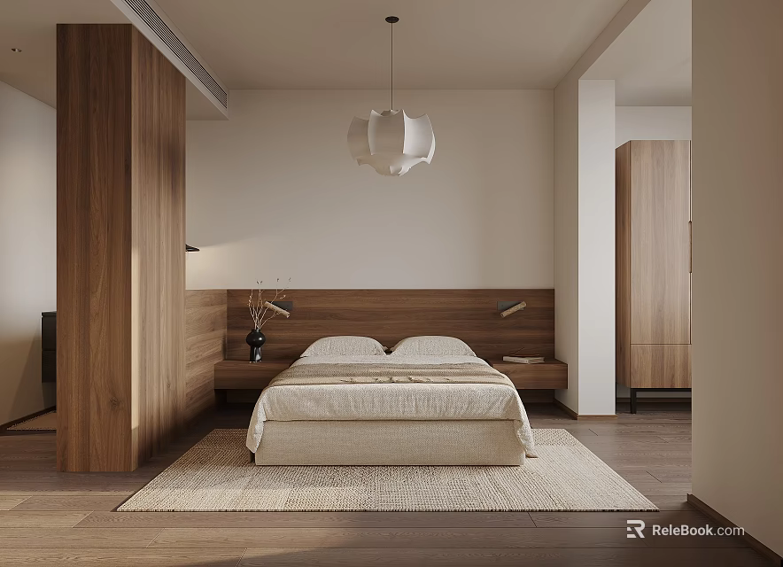 Minimalist Bedroom Interior With Wooden Headboard Pendant Light Nightstand And Area Rug 3d model 