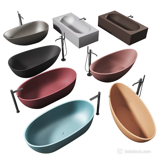Modern Stylish Bathtubs Featuring Various Colors Different Shapes And Faucets 3d model