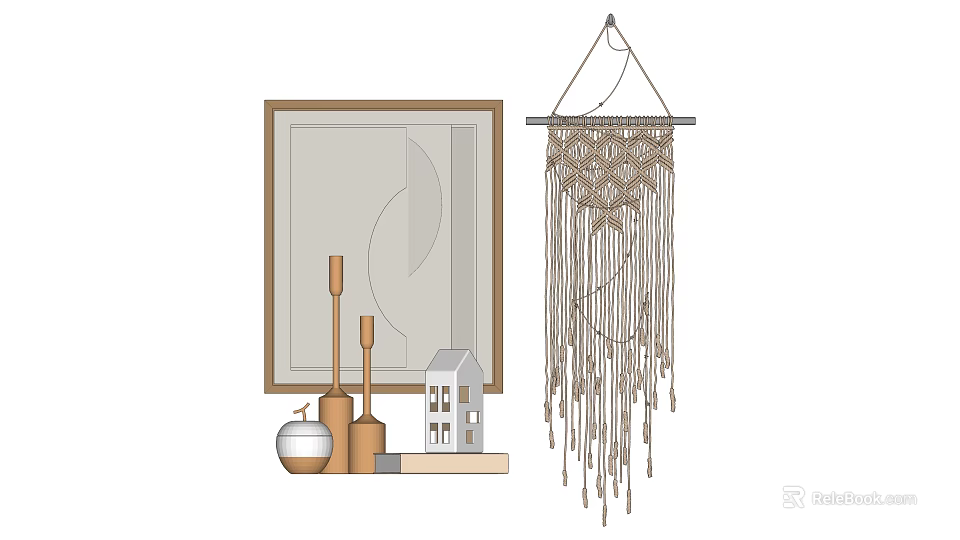 Decorative Ornament Set with Frame Macrame Wall Hanging Wooden Small Ornaments Minimalist Modern Home Decor 3d model 