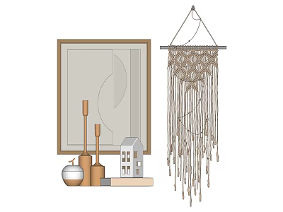 Decorative Ornament Set with Frame Macrame Wall Hanging Wooden Small Ornaments Minimalist Modern Home Decor 3d model