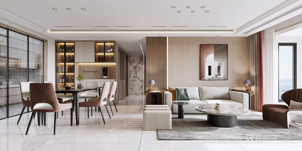 Modern Living Dining Room With Open Layout Sofa Coffee Table And Wall Art 3d model