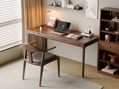 Cozy Home Office Space With Wooden Desk Laptop Chair Bookshelf And Soft Rug 3d model