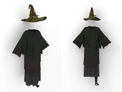 Green Witch Robe And Witch Hat Set For Halloween Costume With Distressed Edges 3d model