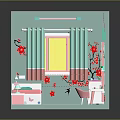 Cartoon Bedroom with Light Blue Walls Pink Bed Red Plum Blossom Decor Dresser and Curtains