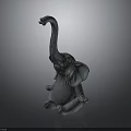 Sitting Elephant Sculpture With Raised Trunk In Simple Style Displayed On Dark Background