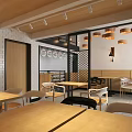 Modern Restaurant Interior Design With Wooden Pendant Lights Comfortable Tables And Open Space