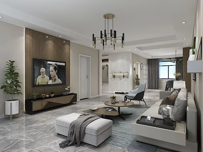 Modern Living and Dining Room Interior With TV Stand Chandelier Sofa Coffee Table And Plants 3d model