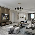Modern Living and Dining Room Interior With TV Stand Chandelier Sofa Coffee Table And Plants