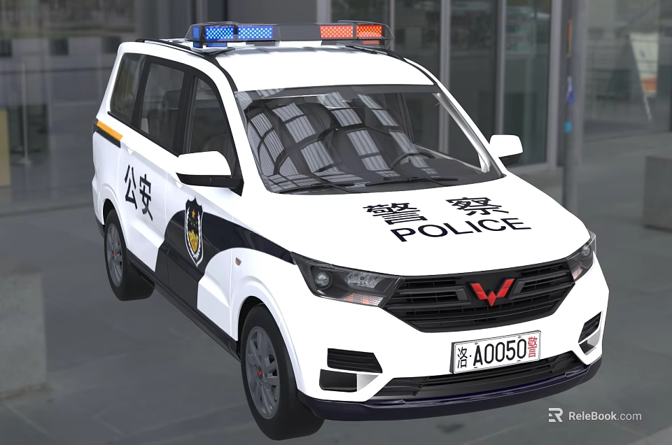 White Police Van With Roof Emergency Lights And Public Security Markings 3d model 