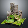 Ancient Castle Ruins With Broken Stone Walls And Green Vegetation Surrounding