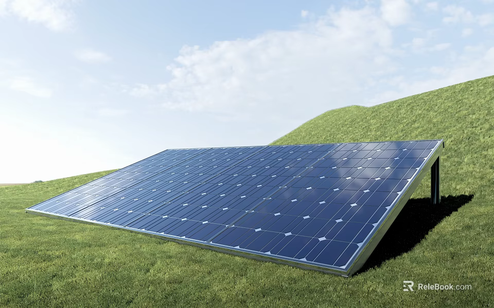 Solar Panel Installed on Green Grass Field Under Blue Sky with White Clouds 3d model