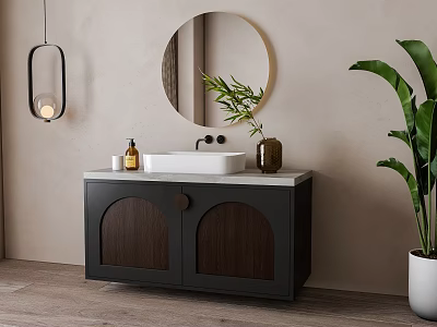 Modern Bathroom Vanity With Round Mirror Black Pendant Light Wooden Cabinet And Potted Plant 3d model