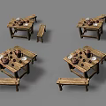 Rustic Wooden Tea Table and Chairs Set with Bench and Tea Set 3d model