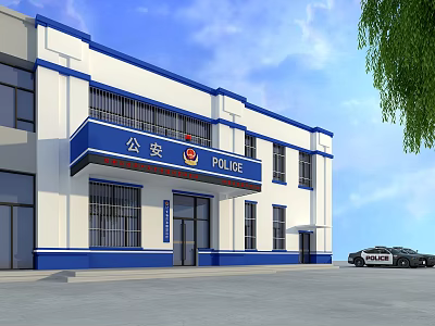 Modern Police Station Building With Blue White Exterior And Police Cars In Front 3d model