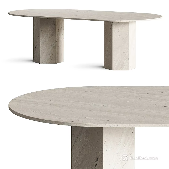 Round Light Colored Stone Dining Table With Pedestal Legs And Smooth Surface 3d model