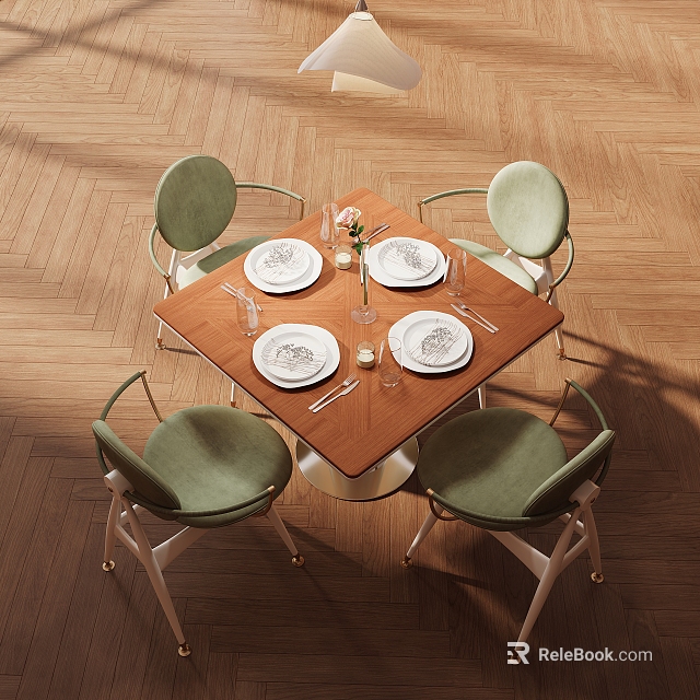 Wooden Dining Table Set with Green Upholstered Chairs Metal Legs Plates Cutlery Flower Vase Candles 3d model 