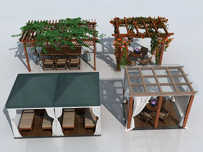 Outdoor Garden Structures With Wooden Pergola Green Canopy Glass Roof And Seating Areas 3d model