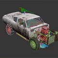 Old Rusty Car With Machine Gun On Roof Exposed Engine Scattered Parts And Colorful Stains