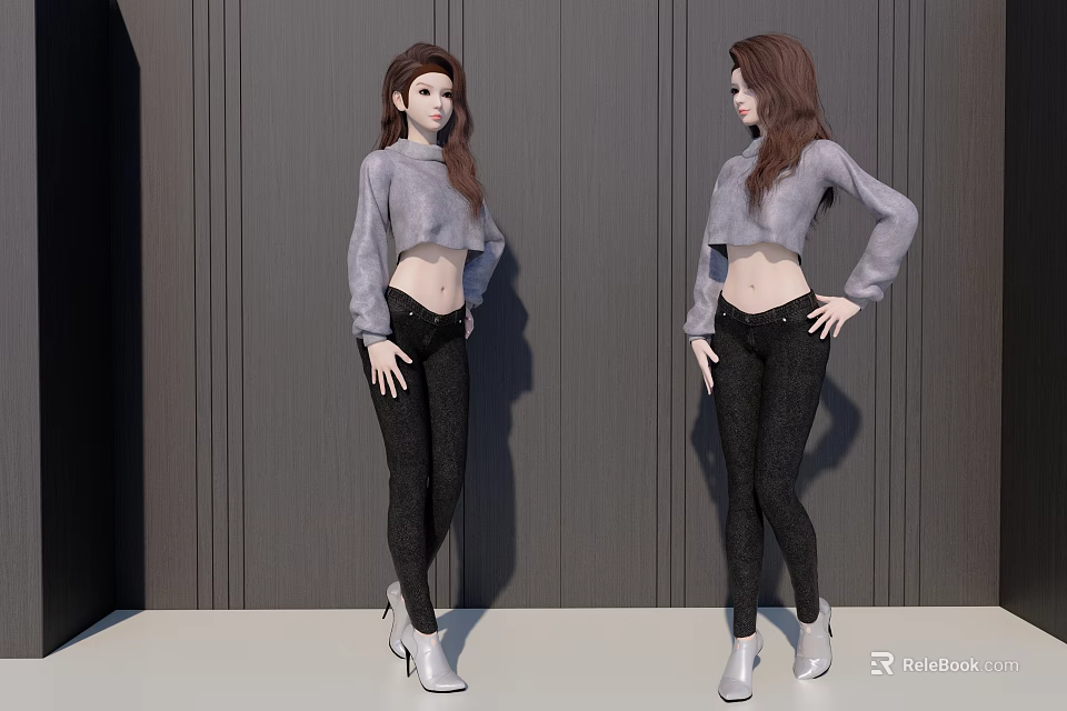 Stylish Woman Standing In Gray Crop Top Long Sleeves Black Tight Pants And White Shoes 3d model 