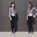 Stylish Woman Standing In Gray Crop Top Long Sleeves Black Tight Pants And White Shoes