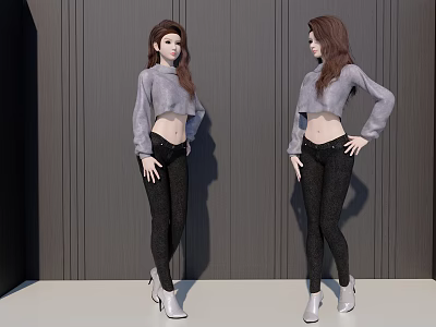 Stylish Woman Standing In Gray Crop Top Long Sleeves Black Tight Pants And White Shoes 3d model