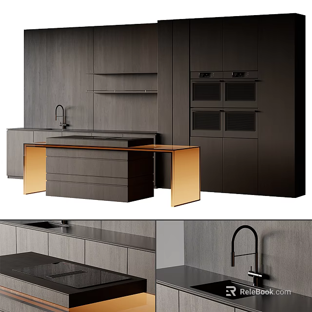 Contemporary Dark Wood Kitchen With Gold Accent Island And Built In Ovens 3d model 